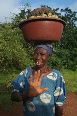 Old, Malian woman carrying fruits in a basket on her head, another basket with mangoes inside.
