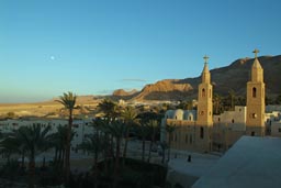 Saint Anthony monastery, dusk, full moon, Egypt.