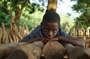 Boy on logs, Medina Wora, northern Guinea|Guinee, Bamako to Koundara, via Fouta Djallon.