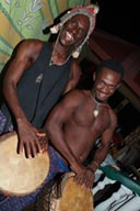 Drummers getting ready, Ballet Sanke, Conakry Guinea, Guinee, island of Kassa performance.