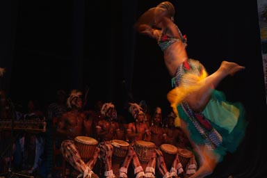 Five African Djembe drummers and one prima ballerina in foreground, Guinee Conakry.