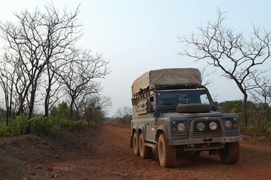 6x6 Land Rover Defender, road, burnt land, scrub, evening, Guinea, Guinee.