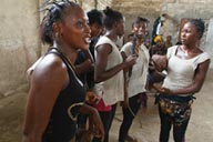 Female African dancers, Mbinti, Yarie, Rama, Khadija in foreground, Ballet Sanke rehearsal Guinea.