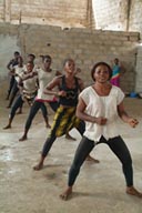 African Modern Dance, dancers in one row, Ballet Sanke group in Conakry, rehearsal.