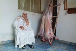 Great grandmother content, looking after skinned mutton. Aid el-Khebir. Morocco