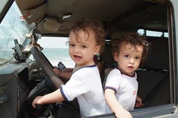 Daniel, David in Land Rover on beach between Nikin and Djembering, southern Senegal, Casamance.