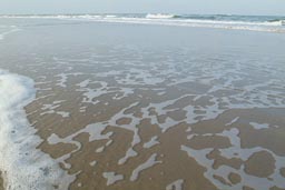 Wet sandy beach, rising tide, Djembering.