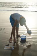 Cleaning moon fish, sun reflecting on beach.