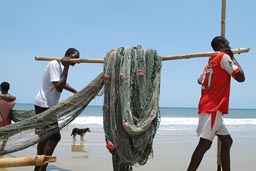 Fishermen carrying their nets up on Lumley beach.