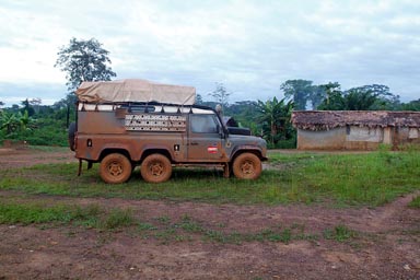 6-wheeled Land Rover Defender, village of ITI, Liberia.