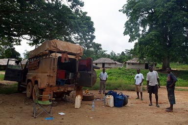 6 wheeled Land Rover repairs in village of Chebaou town, Liberia.