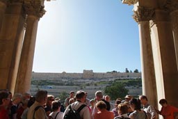 Tourists in front of the Church of all Nations, Gethsemane, garden of the oil press.