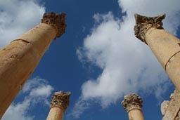 Temple Artemis four columns, Jerash, blue sky.