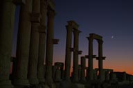 New moon over collonades in Palmyra at dusk.