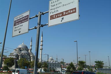 Istanbul, Yeni Camii mosque and trafic signs.