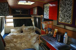 Inside the hippie van, Mercedes 307, interior of the camping bus.