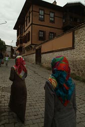Turkish female tourists, Safranbolu, wearing headscarves.