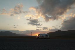 Mercedes 307D van, sun sets behind, road to Ararat, Turkey.