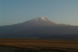 First rays of sunlight touch the snowy peak of Mount Ararat.