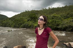 Christina on Guacamallo Bridge over Macal River, jungle Belize.