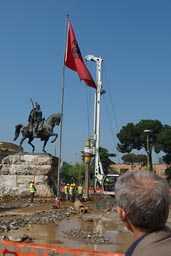 Skanderberg statue, Tirana, square being Kuwaiti rebuilt.