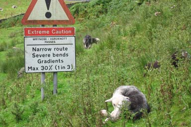 warning sign steep passes of Wrynose and Hardknott 