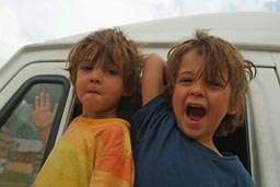 My twin boys Daniel and David, look out from our MB307 van, Col d'Allos, France.