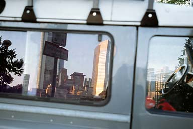 Frankfurt skyline reflection in Land Rover side window