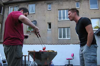 Christian and Thosrsten and new grill in back yard