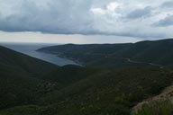 Pine woods and sea, peninsula on  Sithonia, Chalkidiki, Greece. Overcast.