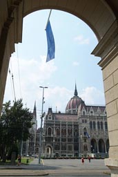 Budapest parliament, arch, European flag.