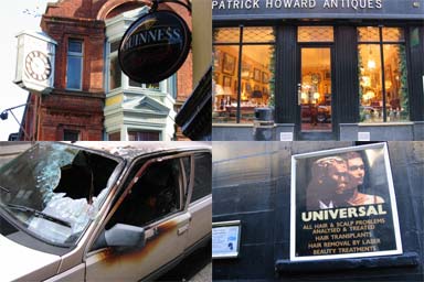 Dublin impressions, burned out car, antiques shop, Guinness, ...