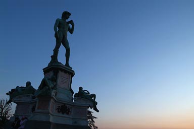 Florence, Firenze, Statue of David on Piazza Michelangelo, after sunset.