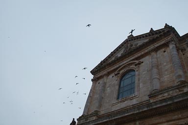 Locorotondo, centro storico, church, cathedral, birds in sky.