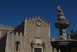 Taormina, Cathedral, Piazza del duomo, fountain, blue sky.
