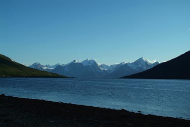 Fjord, snowy Lyngen in back.