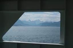 Fjord and snowy mountains from ferry.