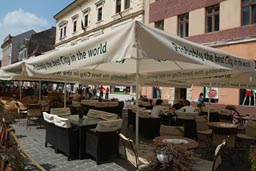 Brasov, probably the best city in the world, umbrellas, Heineken outfitted cafes. Romania.