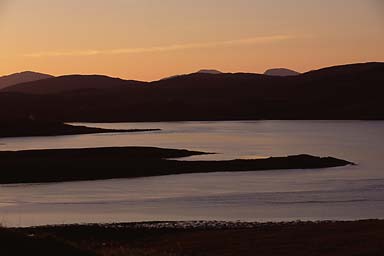 Scotland, Outer Hebrides, landscape and lochs in sunset light.