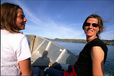 Claudia and Heidrun on boat back from Handa