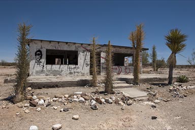 Restaurant, truck stop fallen in ruins in desert Baja California, seen better times.