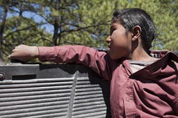 Raramuri boy on back of pick-up truck, Copper Canyon.