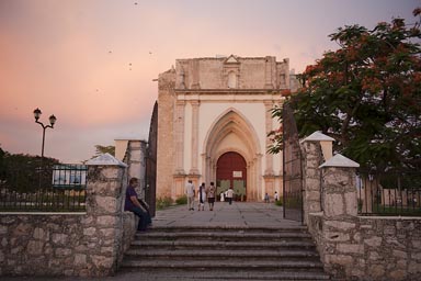 Uman church evening, rose sky. Yucatan.