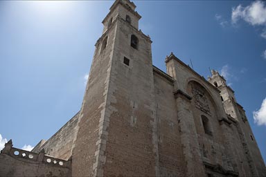 Merida main cathedral, built of Maya temple stones.