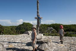 The cross and the boys on top of Maya X'cambo pyramid, Yucatan.