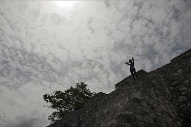 Descending steep Maya pyramids in Calakmul 