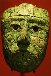 Maya death mask amazingly lifelike and detailed. Jade mosaic, Palenque museum.