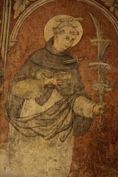 Frescos inside arcaded cloister. Tetela del Volcan. Saint with axe in his skull, sword stuck in his heart, bizarre.