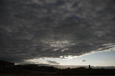 Over Monte Alban, evening and clouds fall.