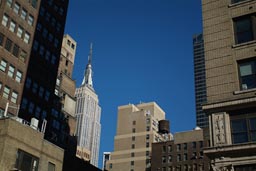 Empire State Building in between other high rise structures.